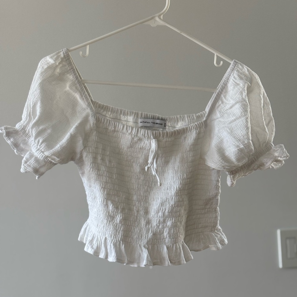 Faithfull the Brand White Smocked Crop Blouse